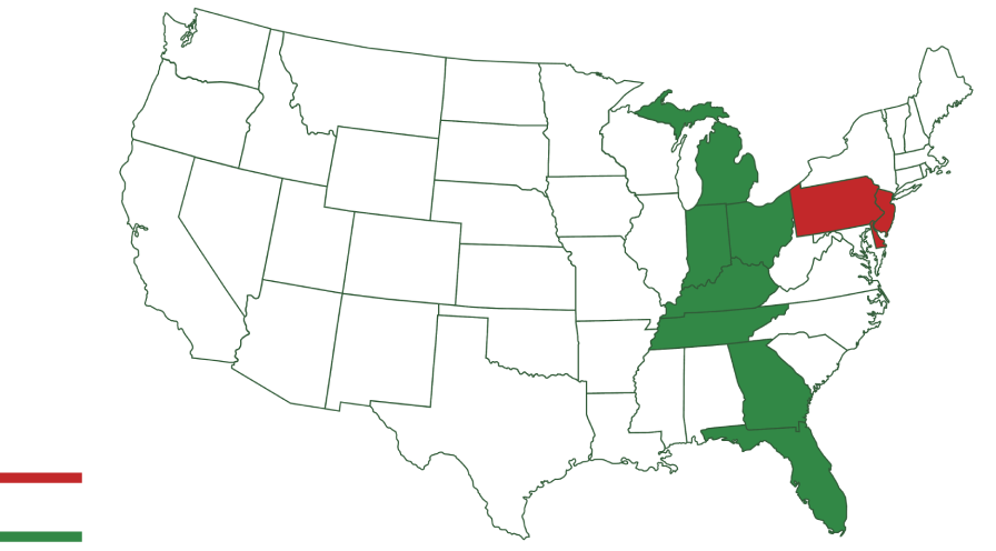 Primary markets: Pennsylvania, New Jersey. Territories available: Maine, New Hampshire, Massachusetts, Connecticut, Delaware, Maryland, Virginia, North Carolina, South Carolina, New York and DC / Virginia. Coming Soon: Michigan, Ohio, Indiana, Kentucky, Tennessee, Georgia, Florida.